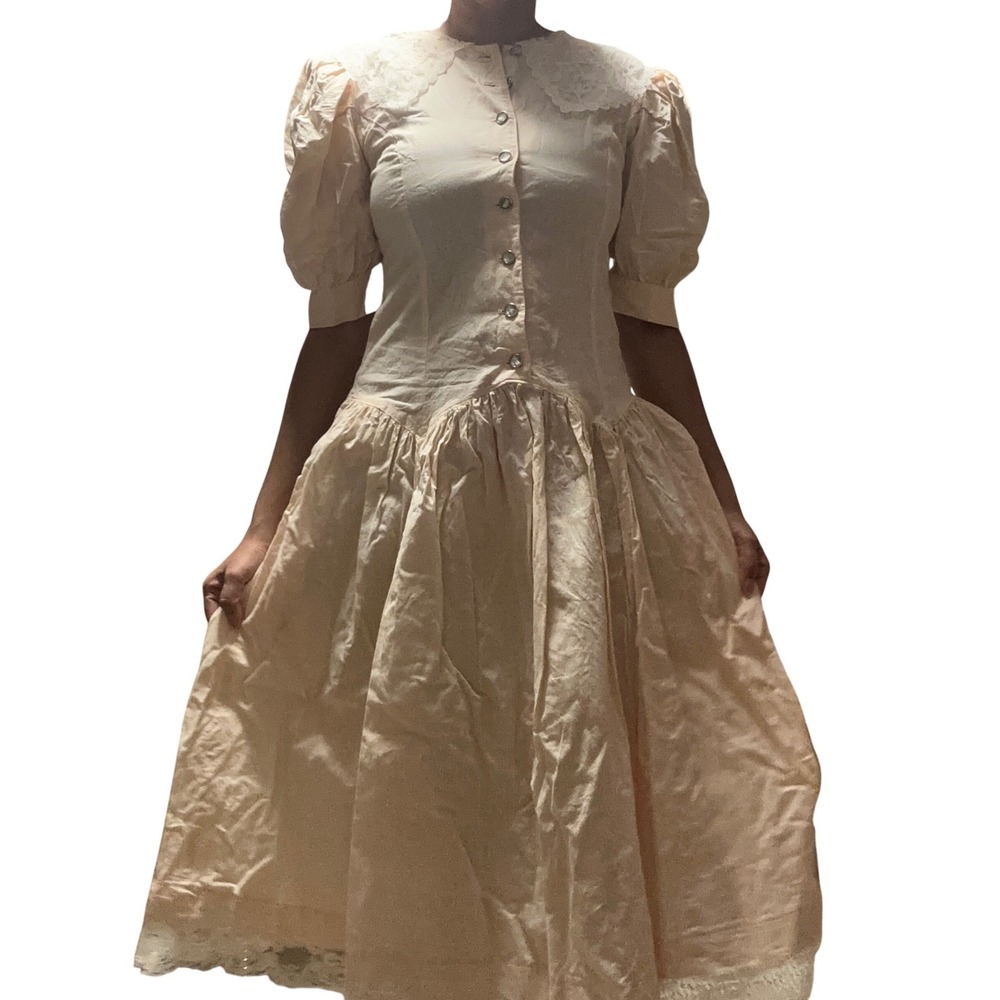 Vintage 1970s Joni Blair Prairie Dress Lace Collar Cotton Pockets USA 7 - Picture 10 of 10
